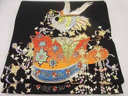 平和屋本店●最高級　龍村平蔵製　本袋帯　千代乃冠錦　黒地　金糸　4s016