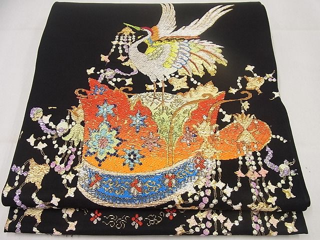 平和屋本店●最高級　龍村平蔵製　本袋帯　千代乃冠錦　黒地　金糸　4s016