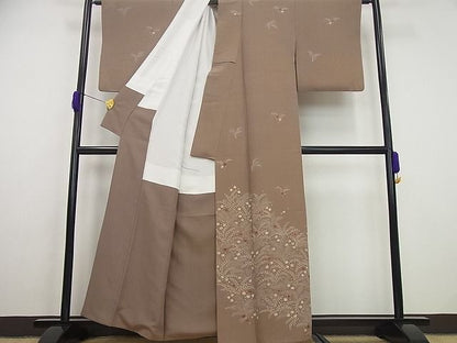 平和屋本店●超希少　品川恭子　訪問着　銀煤竹色地　草花文　金彩　逸品4s150.