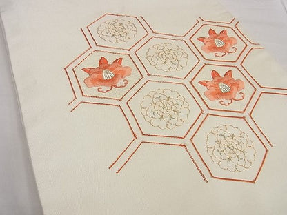 平和屋着物■九寸開き名古屋帯 総刺繍 駒刺繍 亀甲椿花文 逸品 n-kg5326