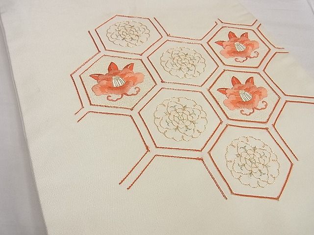 平和屋着物■九寸開き名古屋帯 総刺繍 駒刺繍 亀甲椿花文 逸品 n-kg5326