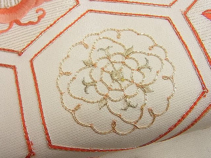 平和屋着物■九寸開き名古屋帯 総刺繍 駒刺繍 亀甲椿花文 逸品 n-kg5326