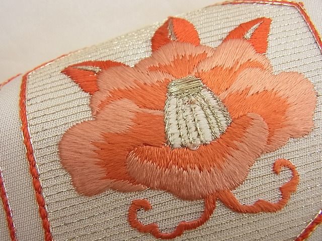 平和屋着物■九寸開き名古屋帯 総刺繍 駒刺繍 亀甲椿花文 逸品 n-kg5326