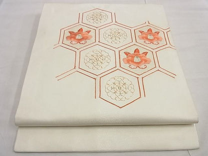 平和屋着物■九寸開き名古屋帯 総刺繍 駒刺繍 亀甲椿花文 逸品 n-kg5326