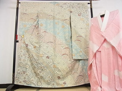 平和屋本店●最高級 振袖・長襦袢セット 総刺繍 辻が花 金通し地 着丈160.5cm 裄丈64cm 正絹 逸品 4kk0004