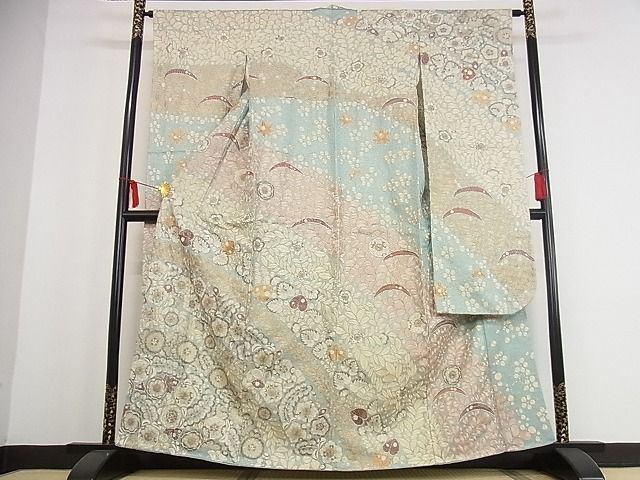 平和屋本店●最高級 振袖・長襦袢セット 総刺繍 辻が花 金通し地 着丈160.5cm 裄丈64cm 正絹 逸品 4kk0004