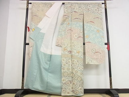 平和屋本店●最高級 振袖・長襦袢セット 総刺繍 辻が花 金通し地 着丈160.5cm 裄丈64cm 正絹 逸品 4kk0004