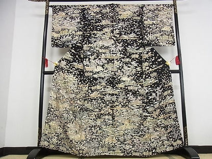 平和屋本店●極上 訪問着 友禅 駒刺繍 茶屋辻 黒地 金彩 着丈162cm 裄丈65.5cm 正絹 逸品 4kk0084