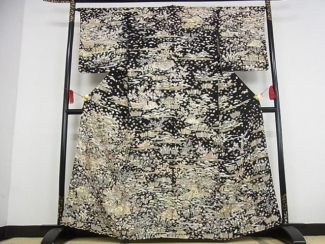 平和屋本店●極上 訪問着 友禅 駒刺繍 茶屋辻 黒地 金彩 着丈162cm 裄丈65.5cm 正絹 逸品 4kk0084