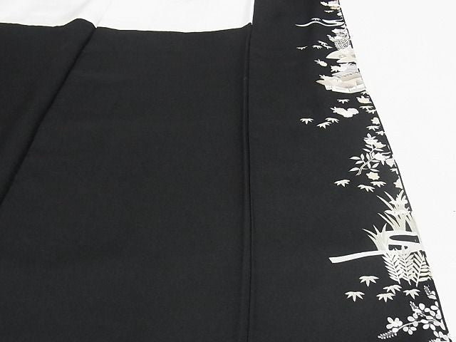 平和屋本店●極上 訪問着 友禅 駒刺繍 茶屋辻 黒地 金彩 着丈162cm 裄丈65.5cm 正絹 逸品 4kk0084