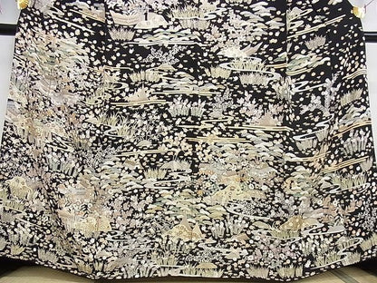 平和屋本店●極上 訪問着 友禅 駒刺繍 茶屋辻 黒地 金彩 着丈162cm 裄丈65.5cm 正絹 逸品 4kk0084