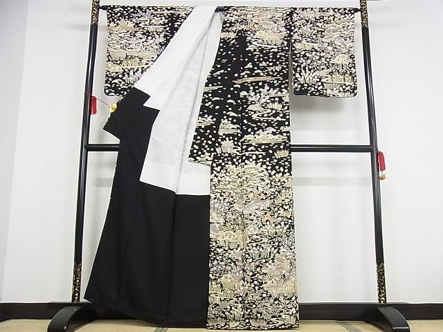 平和屋本店●極上 訪問着 友禅 駒刺繍 茶屋辻 黒地 金彩 着丈162cm 裄丈65.5cm 正絹 逸品 4kk0084