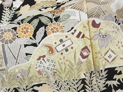 平和屋本店●極上 訪問着 友禅 駒刺繍 茶屋辻 黒地 金彩 着丈162cm 裄丈65.5cm 正絹 逸品 4kk0084