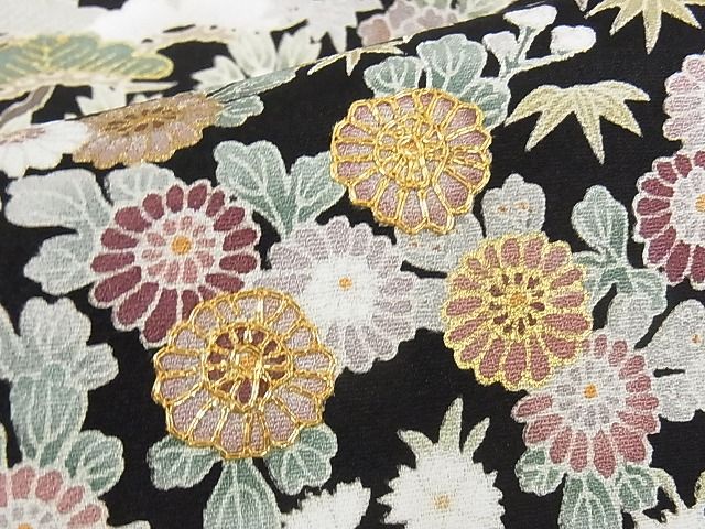 平和屋本店●極上 訪問着 友禅 駒刺繍 茶屋辻 黒地 金彩 着丈162cm 裄丈65.5cm 正絹 逸品 4kk0084