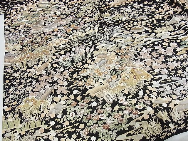 平和屋本店●極上 訪問着 友禅 駒刺繍 茶屋辻 黒地 金彩 着丈162cm 裄丈65.5cm 正絹 逸品 4kk0084