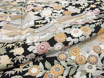平和屋本店●極上 訪問着 友禅 駒刺繍 茶屋辻 黒地 金彩 着丈162cm 裄丈65.5cm 正絹 逸品 4kk0084
