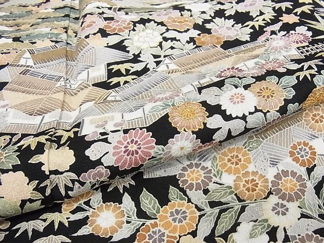 平和屋本店●極上 訪問着 友禅 駒刺繍 茶屋辻 黒地 金彩 着丈162cm 裄丈65.5cm 正絹 逸品 4kk0084