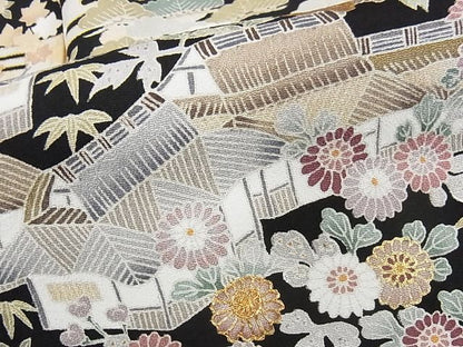 平和屋本店●極上 訪問着 友禅 駒刺繍 茶屋辻 黒地 金彩 着丈162cm 裄丈65.5cm 正絹 逸品 4kk0084