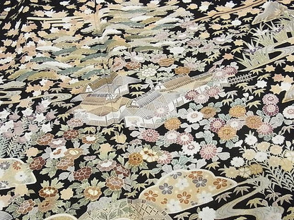 平和屋本店●極上 訪問着 友禅 駒刺繍 茶屋辻 黒地 金彩 着丈162cm 裄丈65.5cm 正絹 逸品 4kk0084