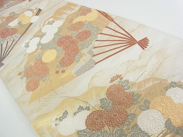 平和屋着物■六通柄袋帯 扇面草花文 金糸 逸品 rt3351