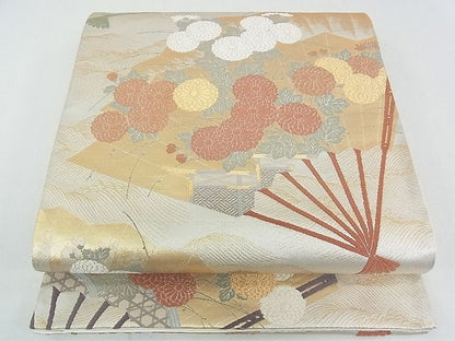 平和屋着物■六通柄袋帯 扇面草花文 金糸 逸品 rt3351