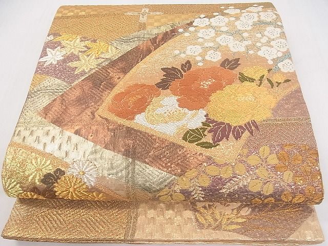 平和屋着物■六通太鼓柄袋帯 地紙草花文 金銀糸 逸品 ya0833