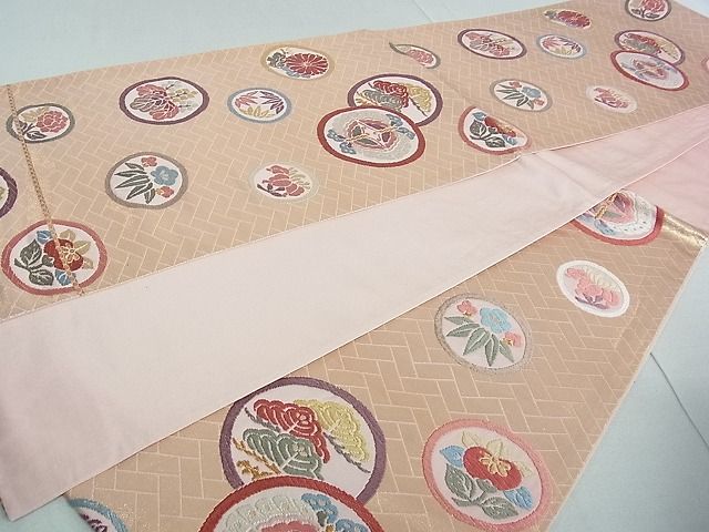 平和屋着物□六通柄袋帯 唐織 花蝶丸文 金糸 逸品 rt3393