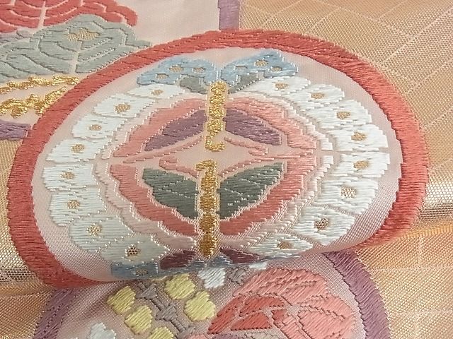 平和屋着物□六通柄袋帯 唐織 花蝶丸文 金糸 逸品 rt3393