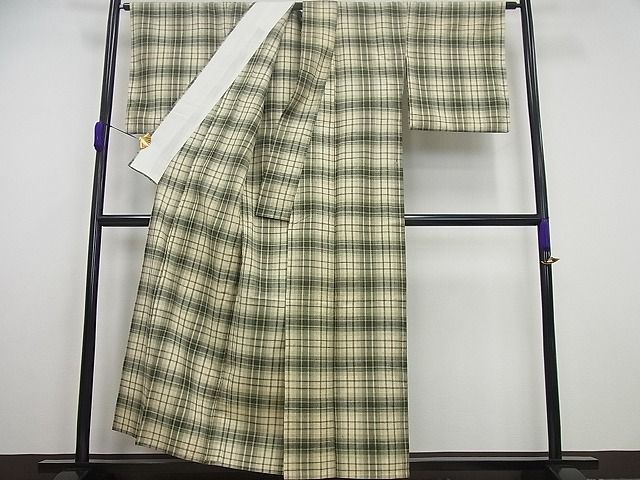 平和屋本店▽極上 郡上紬 加納別誂 草木染 単衣 高橋ウメ 格子柄 証紙付き 逸品4s182