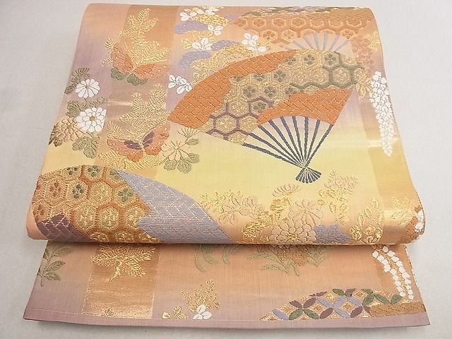 平和屋着物■六通柄袋帯 唐織 扇面吉祥花蝶文 金糸 逸品 du4079