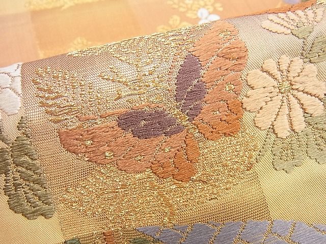 平和屋着物■六通柄袋帯 唐織 扇面吉祥花蝶文 金糸 逸品 du4079