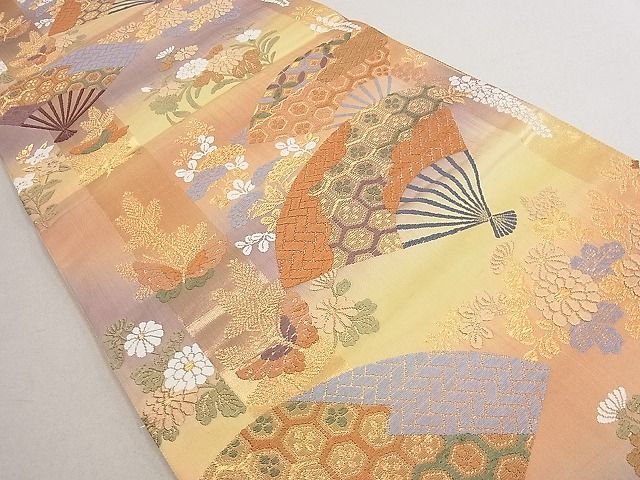 平和屋着物■六通柄袋帯 唐織 扇面吉祥花蝶文 金糸 逸品 du4079