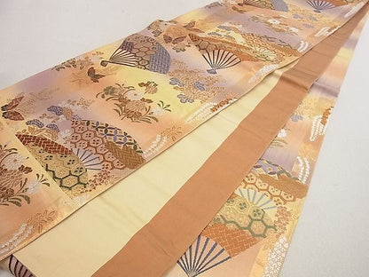 平和屋着物■六通柄袋帯 唐織 扇面吉祥花蝶文 金糸 逸品 du4079