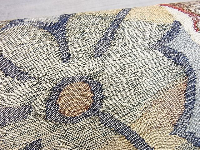 平和屋着物■太鼓柄袋帯 紬地 洋花文 金糸 逸品 du4167