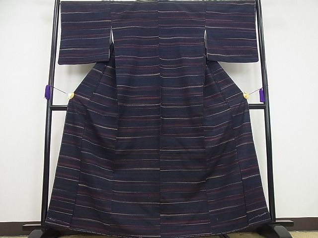 平和屋本店●極上　郡上紬　草木染　横段文　逸品　未使用4s297
