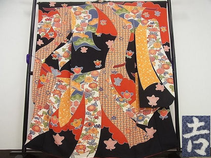 平和屋本店●極上 和染紅型 栗山紅型 栗山吉三郎 振袖 誰が袖草花文 鬼しぼ縮緬 逸品4s303