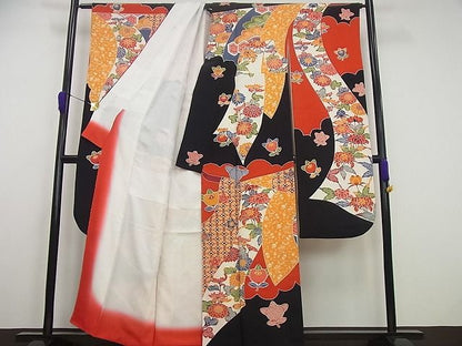 平和屋本店●極上 和染紅型 栗山紅型 栗山吉三郎 振袖 誰が袖草花文 鬼しぼ縮緬 逸品4s303