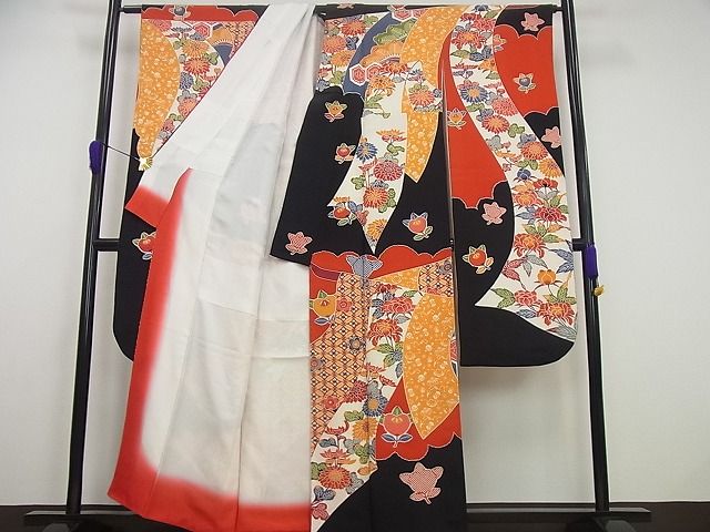 平和屋本店●極上 和染紅型 栗山紅型 栗山吉三郎 振袖 誰が袖草花文 鬼しぼ縮緬 逸品4s303