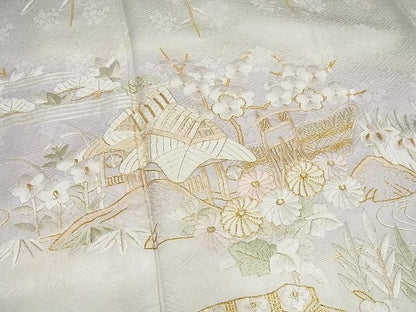 平和屋本店●極上 訪問着 総刺繍 駒刺繍 風景草花文 暈し染め 金糸 逸品4s349
