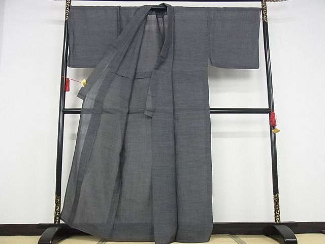 平和屋本店■極上　夏物　男性　本場小千谷ちぢみ　藍墨茶色　反端付き　着丈162.5cm　裄丈72cm　麻　逸品　KAAA0169kk4