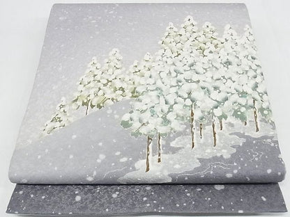 平和屋本店●極上 友禅作家 茂野大生 訪問着・袋帯セット 雪景色 雪ん子 黒地 鬼しぼ縮緬 着丈161cm 裄丈67cm 正絹 逸品 4kk0173