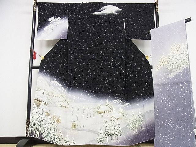 平和屋本店●極上 友禅作家 茂野大生 訪問着・袋帯セット 雪景色 雪ん子 黒地 鬼しぼ縮緬 着丈161cm 裄丈67cm 正絹 逸品 4kk0173