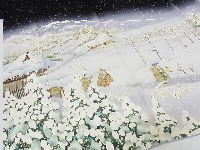 平和屋本店●極上 友禅作家 茂野大生 訪問着・袋帯セット 雪景色 雪ん子 黒地 鬼しぼ縮緬 着丈161cm 裄丈67cm 正絹 逸品 4kk0173