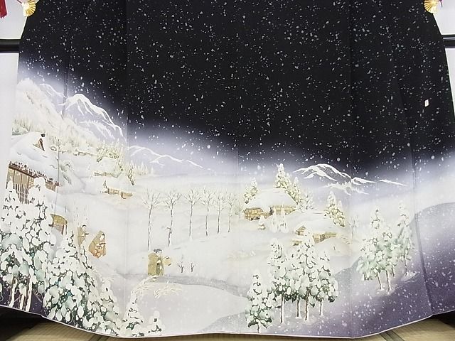 平和屋本店●極上 友禅作家 茂野大生 訪問着・袋帯セット 雪景色 雪ん子 黒地 鬼しぼ縮緬 着丈161cm 裄丈67cm 正絹 逸品 4kk0173