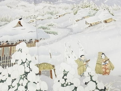 平和屋本店●極上 友禅作家 茂野大生 訪問着・袋帯セット 雪景色 雪ん子 黒地 鬼しぼ縮緬 着丈161cm 裄丈67cm 正絹 逸品 4kk0173
