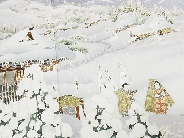 平和屋本店●極上 友禅作家 茂野大生 訪問着・袋帯セット 雪景色 雪ん子 黒地 鬼しぼ縮緬 着丈161cm 裄丈67cm 正絹 逸品 4kk0173