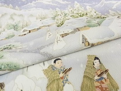 平和屋本店●極上 友禅作家 茂野大生 訪問着・袋帯セット 雪景色 雪ん子 黒地 鬼しぼ縮緬 着丈161cm 裄丈67cm 正絹 逸品 4kk0173