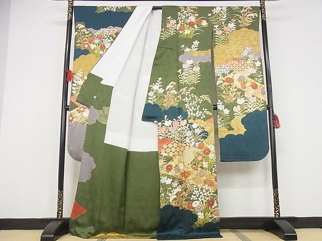 平和屋本店●極上　皇室献上作家　藤井寛　振袖　駒刺繍　八つ橋　風景花文　金彩　着丈170.5cm　裄丈68cm　正絹　逸品　4kk0235