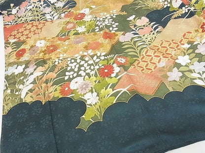 平和屋本店●極上　皇室献上作家　藤井寛　振袖　駒刺繍　八つ橋　風景花文　金彩　着丈170.5cm　裄丈68cm　正絹　逸品　4kk0235