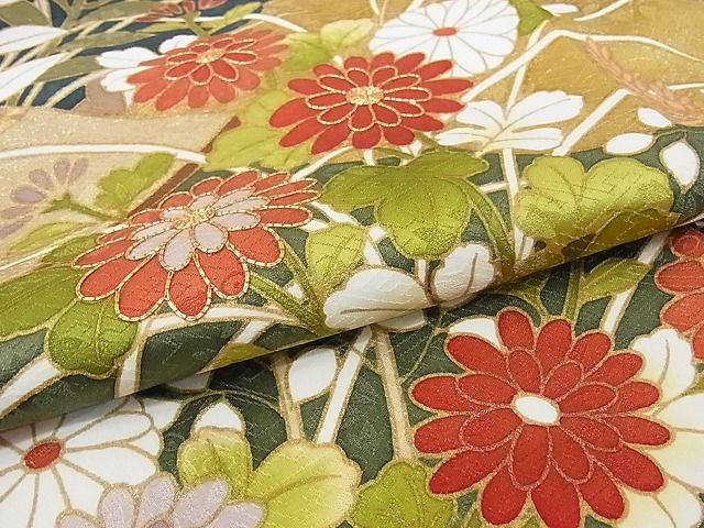平和屋本店●極上　皇室献上作家　藤井寛　振袖　駒刺繍　八つ橋　風景花文　金彩　着丈170.5cm　裄丈68cm　正絹　逸品　4kk0235